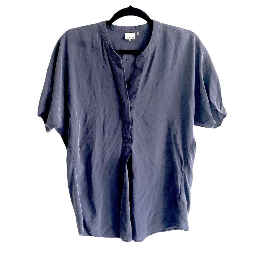 ECRU Silk Oversized Short Sleeve Popover Blouse Navy Blue Small